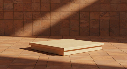 Wooden Display Platform on Tile Floor with Shadows.