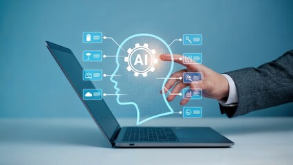 Artificial intelligence concept with laptop and human hand touching AI icon