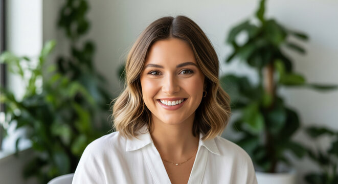 Smiling woman with brown hair, wearing white shirt, against blurred green plants background, conveying professionalism and positivity