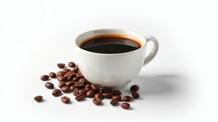 White Cup with Espresso and Scattered Coffee Beans on Clean Background - Fresh Morning Energy Concept