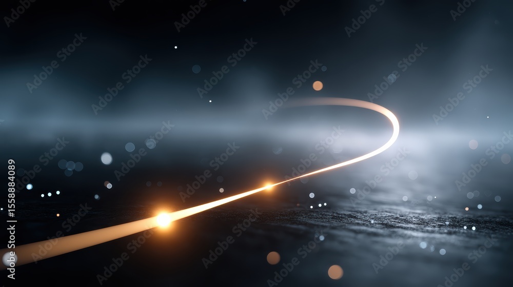 Poster a glowing, curved light trail moves across a dark, misty surface with scattered bokeh particles in t