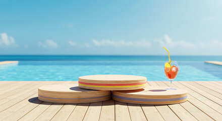Wooden Display Platforms with Cocktail by the Pool.