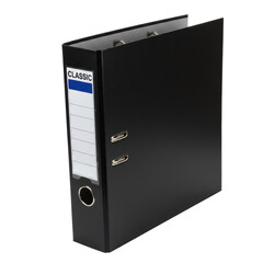 Black 1-inch vinyl three-ring binder, closed, with visible metal rings, on a transparent isolated background, professionally studio lit with no shadows, concept for office product advertising