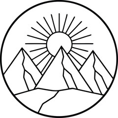 Mountain Landscape with Sun Line Art