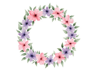 Floral wreath design featuring pink and purple flowers with green leaves suitable for decoration and crafting projects