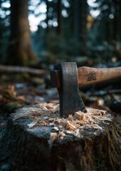 Axe embedded in a tree stump amidst a verdant forest scene with selective focus and shallow depth
