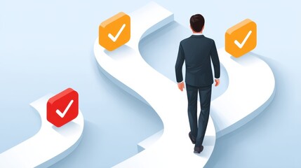 A businessman walks on a winding path with checkmark icons, symbolizing decision-making and goal achievement.