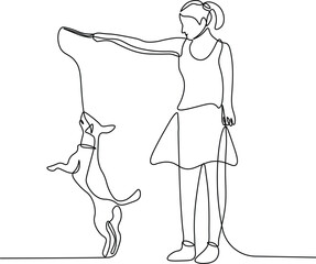 Young women playing with her dog in continuous line drawing style. Women and dog in black linear sketch isolated on white background. Vector illustration