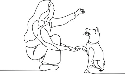 Young women playing with her dog in continuous line drawing style. Women and dog in black linear sketch isolated on white background. Vector illustration