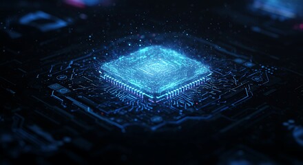 Glowing futuristic circuit board with digital processor