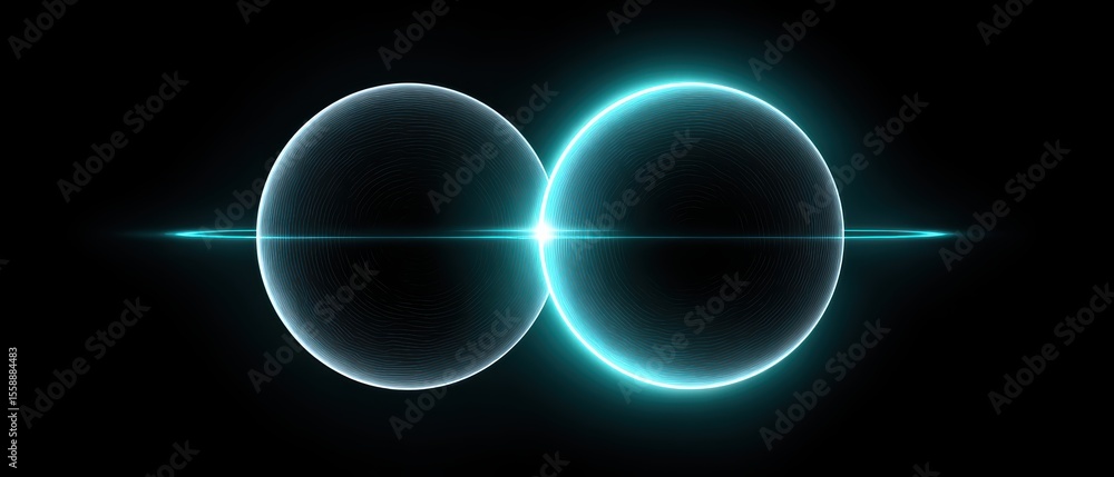 Poster two glowing blue spheres intersecting, connected by a bright horizontal light line on a dark backgro