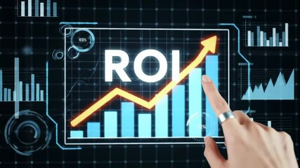 Businessman analyzing roi data on a digital screen with a financial chart and graphs. investment, invest money, fundraising, return, economic, technology, growth, currency, trade, dashboard, analysis. - Powered by Adobe