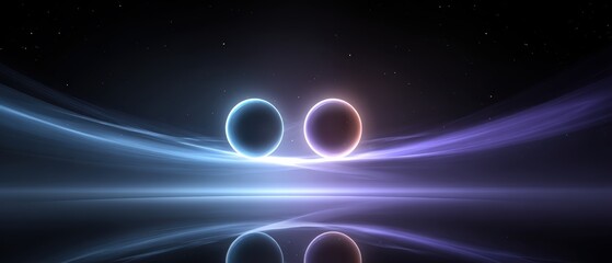 Two glowing celestial spheres hover in space above a reflective surface, connected by vibrant, flowing light trails in shades of blue and purple.