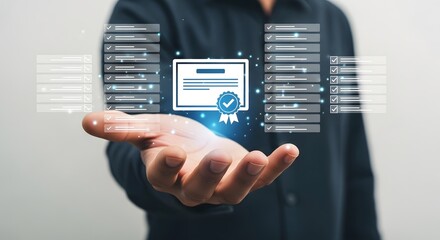 A professional hand showcases a certification achievement, highlighting quality and standards in business management for corporate success.