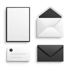 Minimalist set of black and white stationery items including a blank card, open and closed envelopes, and a business card on a white background.