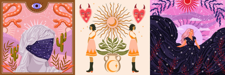 modern illustration in boho country style with elements of astrology and tarot. female character and constellations	