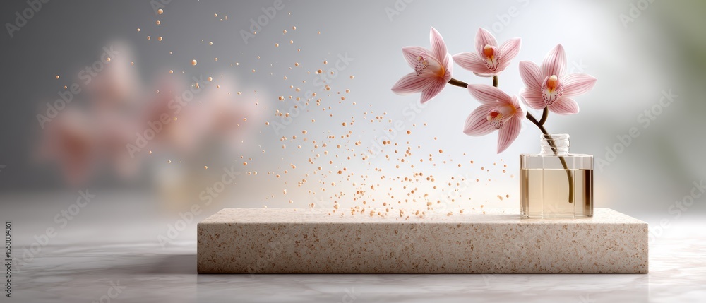 Aufkleber a minimalist scene showing delicate pink orchids in a glass vase on a stone platform with floating g