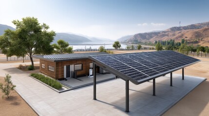 A modern solar carport with photovoltaic panels shelters electric vehicle charging stations beside a wooden building, set in a dry, mountainous landscape under a clear sky.