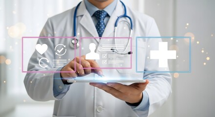 Professional healthcare worker uses tablet with medical symbols displayed for consultation and advanced medical technology on virtual screen.