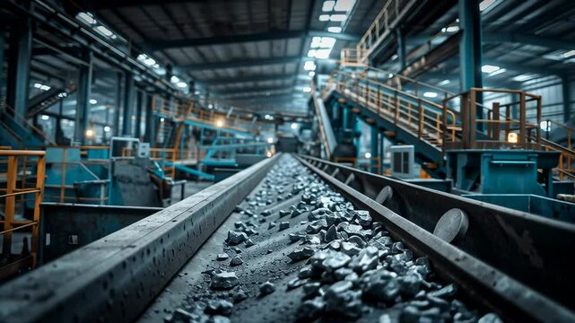 Crushed ore rocks move along a conveyor belt inside a modern industrial mining facility, surrounded by heavy machinery and metal structures under cool lighting.