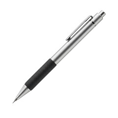 Sleek modern mechanical pencil with silver brushed metallic barrel, black textured rubber grip, polished clip, lead retracted, isolated on a transparent seamless studio backdrop, no shadows, macro,
