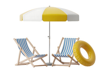 Two striped beach chairs under a yellow and white umbrella with a yellow float