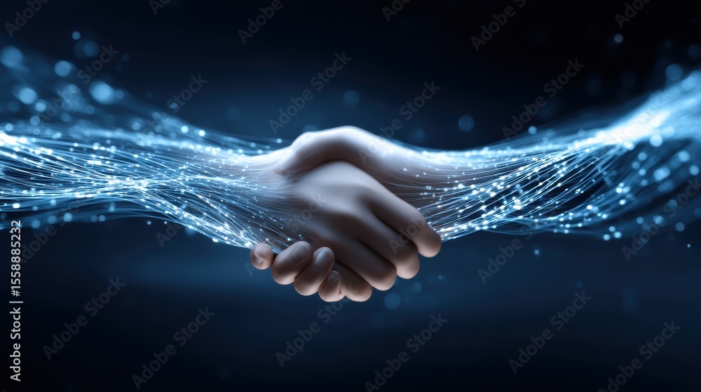 Poster two hands shaking, blending with flowing digital lines, symbolizing connection between human interac