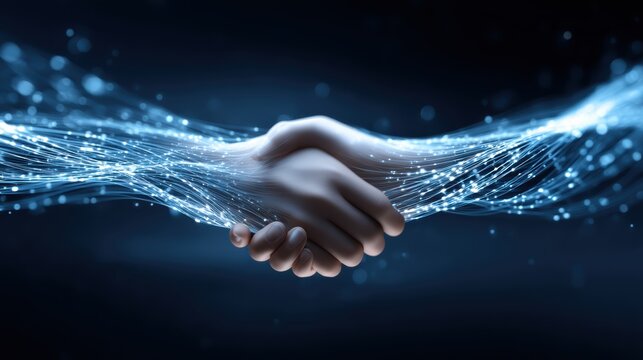 Two hands shaking, blending with flowing digital lines, symbolizing connection between human interaction and technology in a futuristic setting.