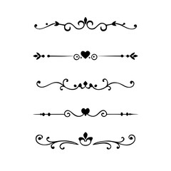 text dividers doodle set. Wedding decorative elements. Divider ornament, borders, floral, vintage line separators. Hand drawn vector illustration isolated on white background. Set page dividers.	