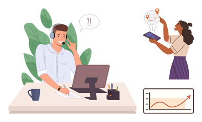 Customer service agent with headset aiding clients at desk while analyst uses tablet to review global data. Ideal for teamwork, collaboration, customer support, analytics, remote work, global