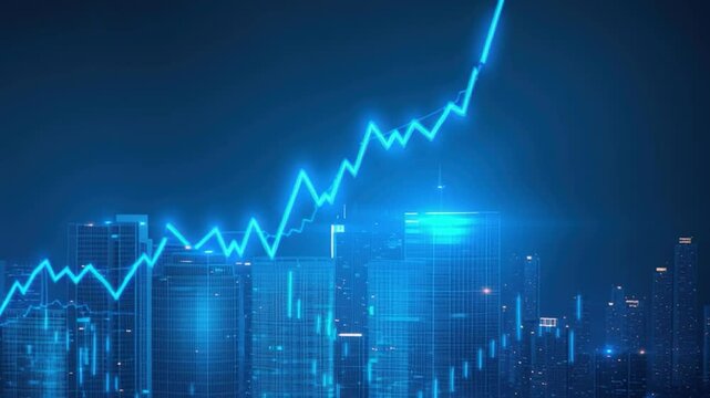 A glowing blue stock market chart line rises dynamically over a modern city skyline, symbolizing financial growth