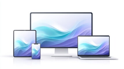 A set of modern digital devices including a desktop monitor, laptop, tablet, and smartphone all displaying similar abstract blue and purple wave designs.