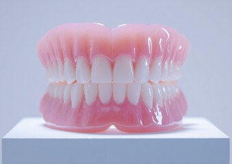 Obraz premium Close-up of a Realistic Denture Displayed on a White Surface against a Light Backdrop