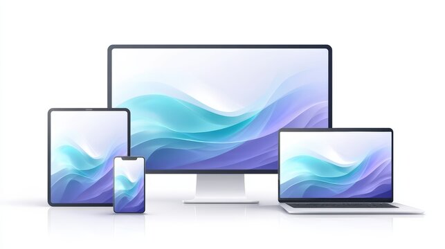 A set of modern digital devices including a desktop monitor, laptop, tablet, and smartphone all displaying similar abstract blue and purple wave designs.