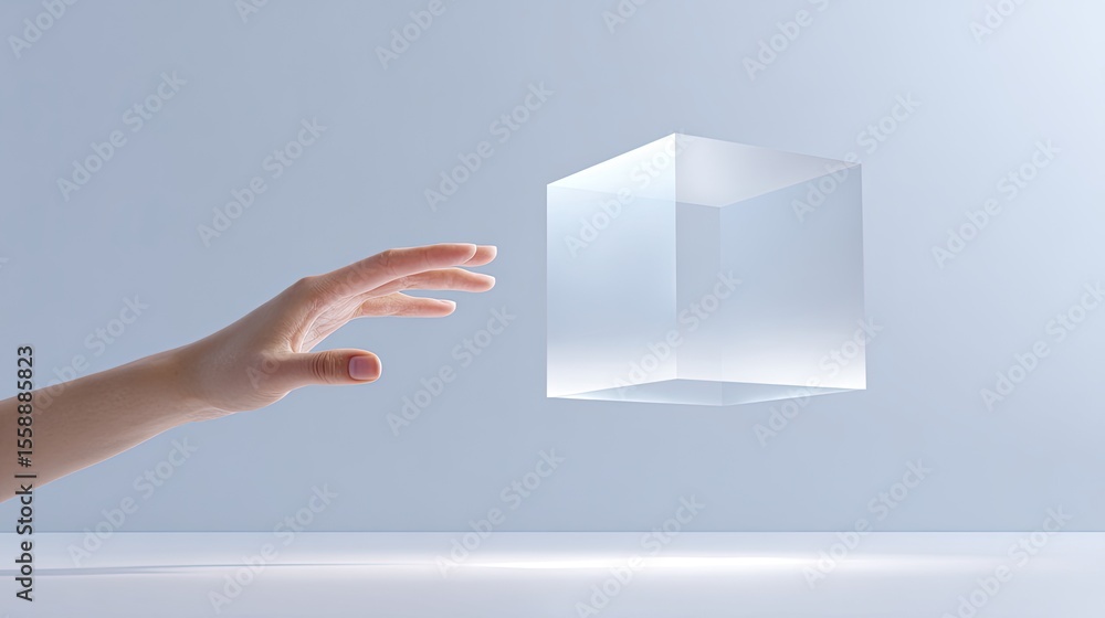 Poster hand reaching for a floating transparent cube in minimalist space