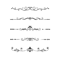 text dividers doodle set. Wedding decorative elements. Divider ornament, borders, floral, vintage line separators. Hand drawn vector illustration isolated on white background. Set page dividers.	