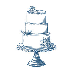 Toile de Jouy inspired wedding cake illustration. Wedding hand dawn ceremony icon. Elegant line art minimalist venue sketch. Elements for wedding, monogram, invitation, greeting, birthday card.