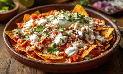 Chilaquiles Rojos - Chilaquiles made with red salsa, topped with cheese and cream.