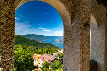 Panorama of Lake Como, with Tremezzina, Villa Balbianello, a glimpse of Lake Lugano, photographed from Alpe Tedoldo.
