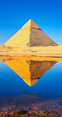 A golden pyramid in the Egyptian desert, reflected in calm water, against a clear blue sky.