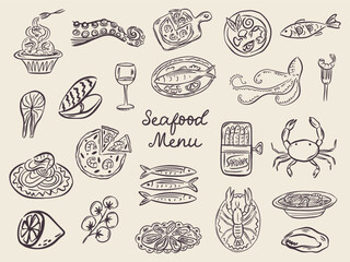 Whimsical hand drawn sea food illustrations in trendy whimsical style. Perfect doodle for quirky italian wedding holiday, poster, dinner and bar menu, bachelorette party, birthday invitation, sign