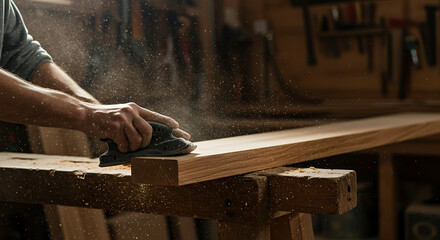 Woodworkers Hands Sanding a Wooden Plank with Electric Sander Dust.