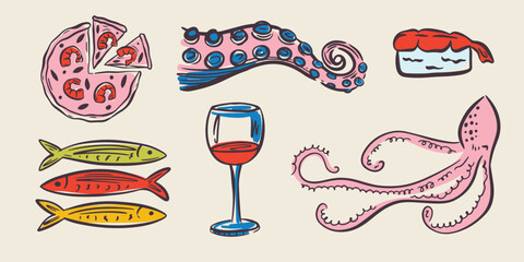 Whimsical hand drawn sea food illustrations in trendy whimsical style. Perfect doodle for quirky italian wedding holiday, poster, dinner and bar menu, bachelorette party, birthday invitation, sign