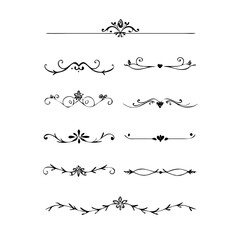text dividers doodle set. Wedding decorative elements. Divider ornament, borders, floral, vintage line separators. Hand drawn vector illustration isolated on white background. Set page dividers.	