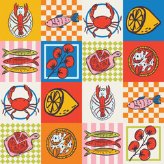 Whimsical hand drawn sea food seamless pattern in trendy whimsical style. Perfect  background for quirky italian wedding holiday, poster cards, dinner and bar menu, fabric, wrapping paper