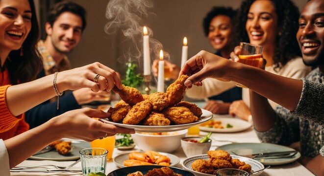 Group of diverse friends enjoying a dinner party with fried chicken, candles, and drinks, smiling and laughing.