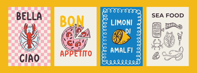 Whimsical hand drawn sea food poster and menu template in trendy whimsical style. Perfect doodle for quirky italian dinner  restaurant and cafe, kitchen wall art, poster,  party, birthday, sign