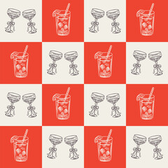 Whimsical hand drawn drinks, cocktails seamless pattern in trendy whimsical style. Perfect  background for quirky italian wedding holiday, poster cards, dinner and bar menu, fabric, wrapping paper.