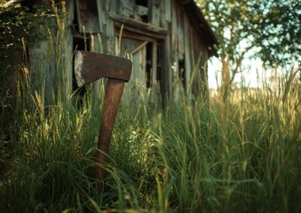 Rustic axe with overgrown vegetation near an old weathered wooden structure outdoors