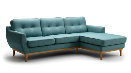 Blue velvet L shaped sofa isolated on white background
